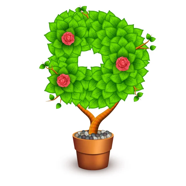 Árbol aislado con flores en maceta de barro. En forma de letra D — Vector de stock