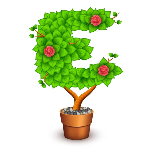 Isolated tree with flowers in clay pot. In the form of letter E — Stock Vector