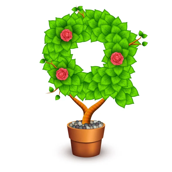 Árbol aislado con flores en maceta de barro. En forma de letra Q — Vector de stock