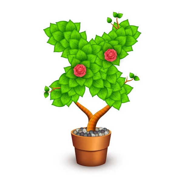 Árbol aislado con flores en maceta de barro. En forma de letra X — Vector de stock