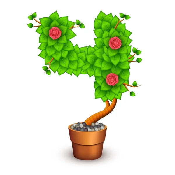 Arbre isolé avec fleurs en pot d'argile. Sous la forme du numéro 4 — Image vectorielle