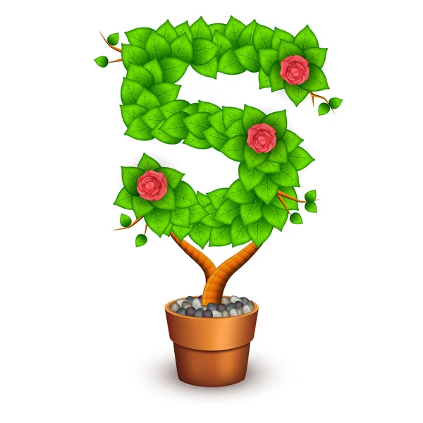 Isolated tree with flowers in clay pot. In the form of number 5 — Stock Vector