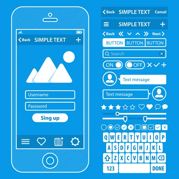 Kit de vectores de diseño de planos de elementos de interfaz de usuario en color moderno con teléfono móvil simple, botones, formas, ventanas y otros elementos de interfaz. Pantallas de acceso — Archivo Imágenes Vectoriales