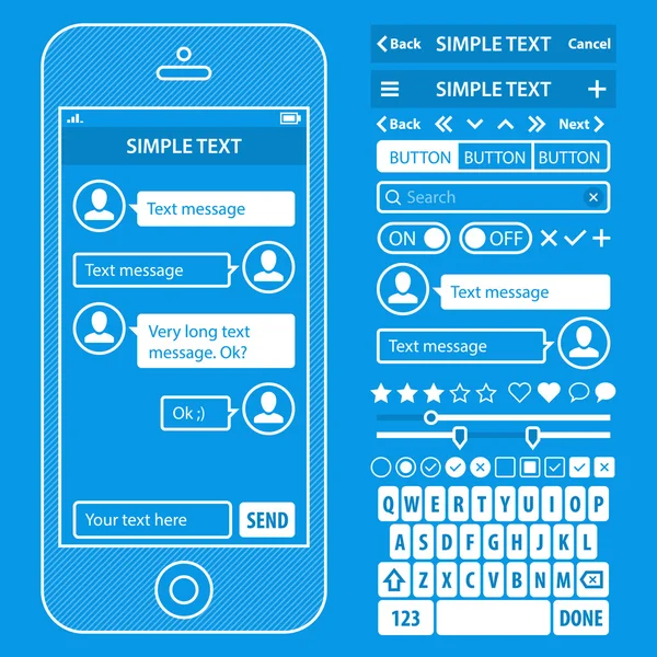 Kit de vectores de diseño de planos de elementos de interfaz de usuario en color moderno con teléfono móvil simple, botones, formas, ventanas y otros elementos de interfaz. Pantallas de chat — Vector de stock