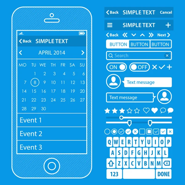Kit vectoriel design d'éléments UI en couleur tendance avec téléphone portable simple, boutons, formulaires, fenêtres et autres éléments d'interface. Écrans de calendrier — Image vectorielle