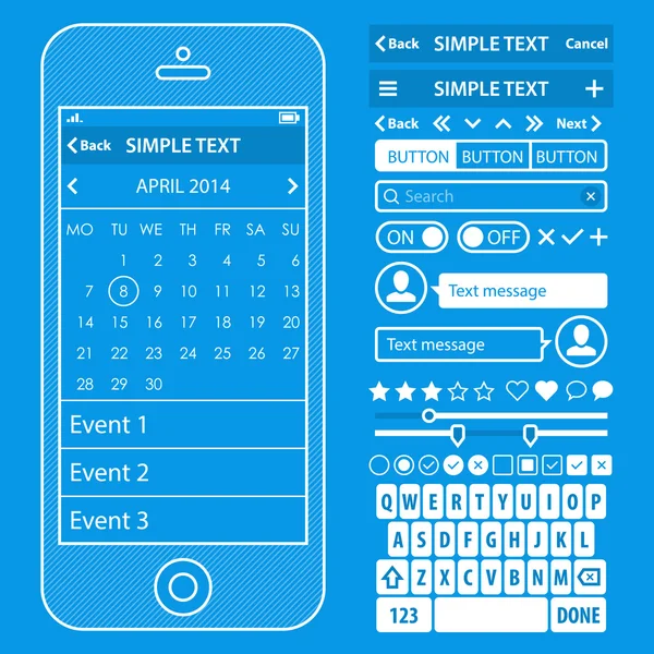 Kit de vectores de diseño de planos de elementos de interfaz de usuario en color moderno con teléfono móvil simple, botones, formas, ventanas y otros elementos de interfaz. Pantallas calendario — Archivo Imágenes Vectoriales