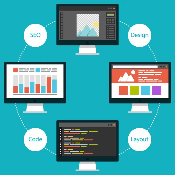 Geliştirme Web sitesi için düz tasarım kavramı simge kümesi
