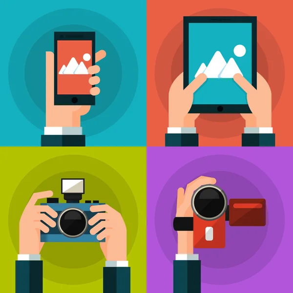 Holding akıllı telefon, tablet, video ve fotoğraf kamera eller kümesi. Düz stil
