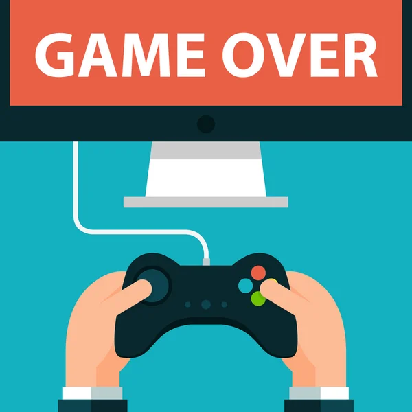 Hands holding joystick and monitor screen Game over — Stock Vector