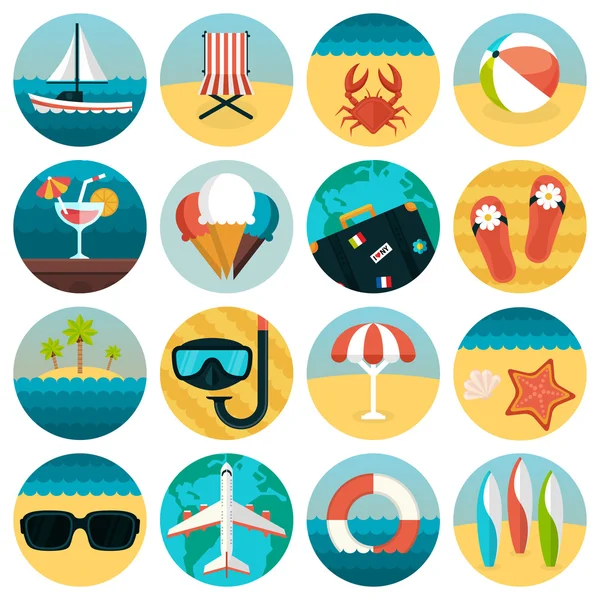 Set di piatte icone di riposo estivo combinazione. Viaggiare, turismo, tema vacanza — Vettoriale Stock