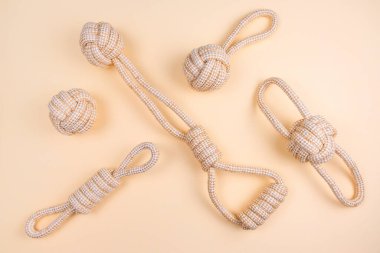 Pamuk ekolojik köpek oyuncakları ve bej arka plandaki evcil hayvanlar için eğlence aletleri. Düz yatıyordu. Köpek yavrusu için eğitim ve çeviklik