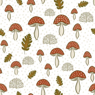 Dekorasyon, tekstil, kırtasiye, kumaş için mantar ve bitkilerle kusursuz vektör deseni