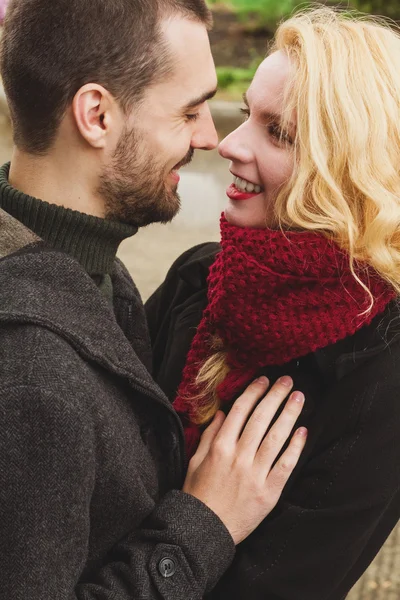 Couple in love on autumn nature background. — Stock Photo, Image