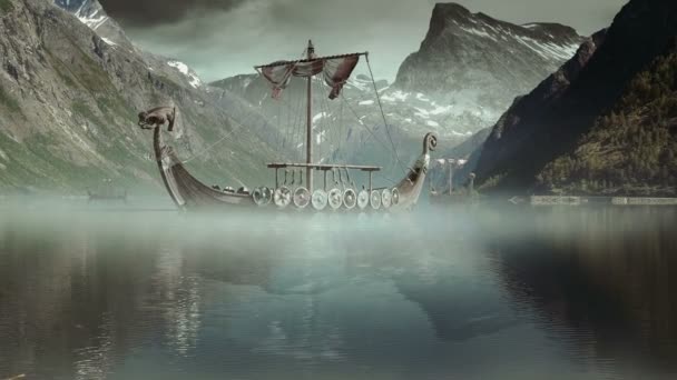 Vikingaskepp på nordic sea, Epic Fullhd Visualfx skjuten — Stockvideo