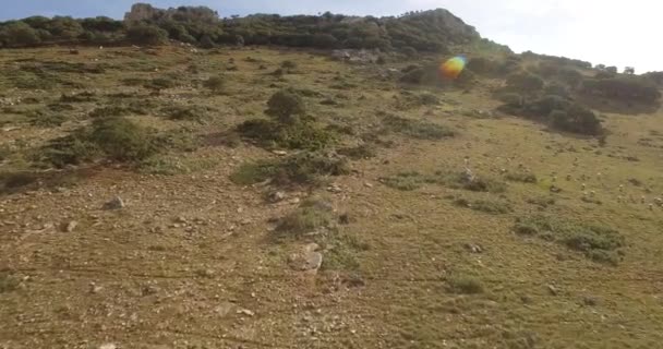 4K Aerial, volo su un campo pianeggiante, Sierra De Las Nieves, Andalusia, Spagna — Video Stock