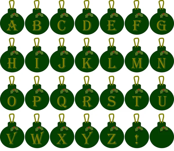 Alfabeto Natal Baubles em verde com texto dourado — Fotografia de Stock