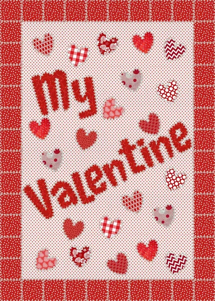 Meu Valentine Patchwork com corações dispersos Vermelho, Rosa, Branco — Fotografia de Stock