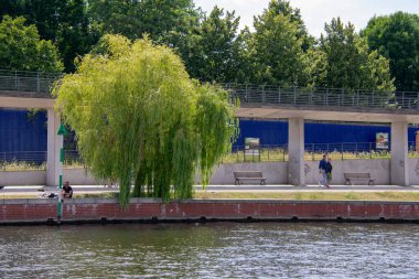 Berlin 'in Hauptbahnhof Coronavirus salgını yakınlarında yaz aylarında Spree çevresinde boş otlar.