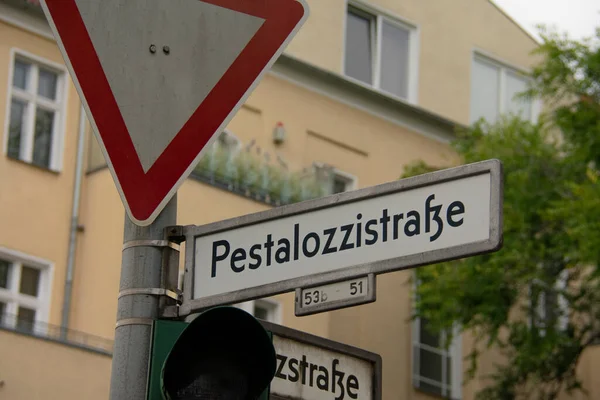 Pestalozzistrasse Cartello Stradale Primo Piano Charlottenburg Berlino — Foto Stock