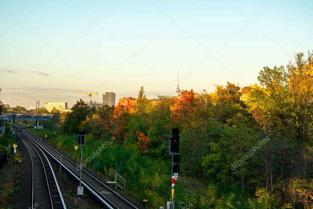 Train track fall leaf landscape in Schoneberg Berlin