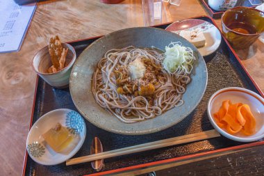 Udon erişteleri, yaz sebzeleri, yemek çubuklarıyla tepside tofu. Japonya 'nın Ishikawa ilinde kırsal bir restoran..