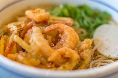 Tempura karides ve sebzeli sıcak udon erişteli mavi ve beyaz seramik kâse. Kanazawa, Japonya 'da öğle yemeği vakti..