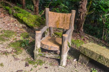 Hanibe Mağara Kompleksi, Komatsu, Ishikawa Bölgesi, Japonya 'da ağaç dalları ve odun kesimlerinden yapılmış basit bir sandalye..