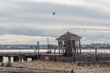 Liverpool 'daki terk edilmiş yapılar Birkenhead' in arka planında, 2015.