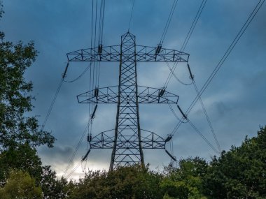 Goyt nehri, Woodbank Park, Stockport, Cheshire, İngiltere yakınlarındaki elektrik direğinin düşük açılı görüntüsü..