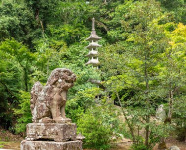Aslan-köpek, ya da komanu, Natadera tapınağında, Komatsu, Ishikawa, Japonya. Bu geleneksel heykeller çoğu tapınakta çift olarak görülür ve kötü ruhları defetmek için tasarlanmıştır..