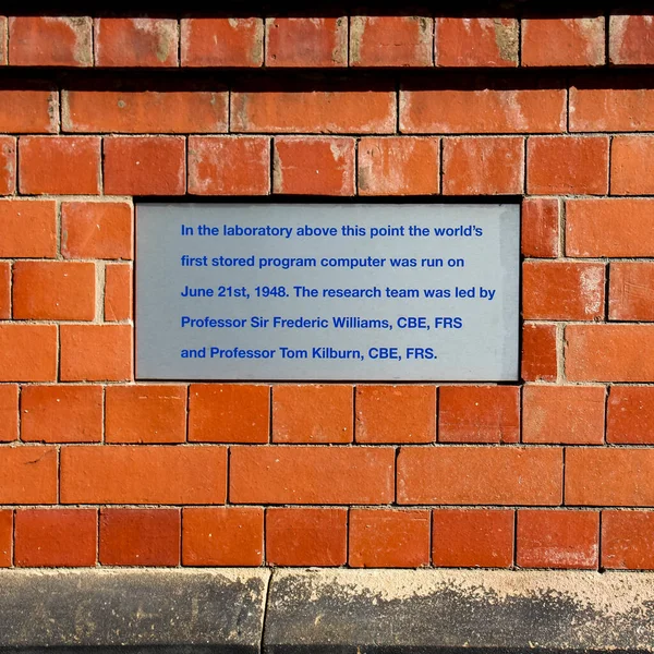 Plaque commemorating the location of The Baby, the world\'s first stored program digital computer, at Manchester University, UK. The machine ran its first program on 21 June 1948.