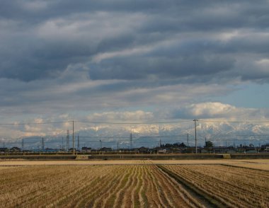 Kışın pirinç tarlaları ve dağlar, Toyama, Japonya,