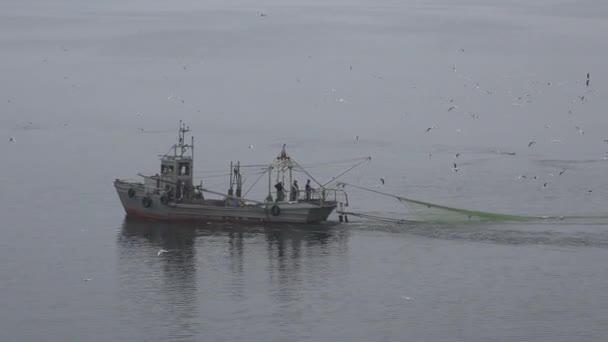 穿过小河上的薄雾 用旧拖网捕鱼的小渔船用渔网捕鱼的空中图像 — 图库视频影像