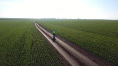 Hava görüntüsü. Yalnız adam bisikletçi, Turist, Bisikletli Yoldaki Yeşil Tarım Alanı