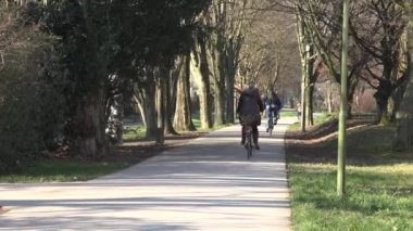Sonbahar parkında koşu yaparken bisikletçiler yapraksız ağaçlar arasında beton yolda ilerliyorlar.