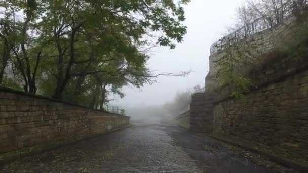 Strada Lastricata Pietra Tra Muri Roccia Conchiglia Mattina Presto Nebbia — Video Stock