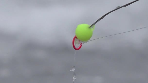 Kışın balık oltası nehirde buz delik yakınlarında — Stok video