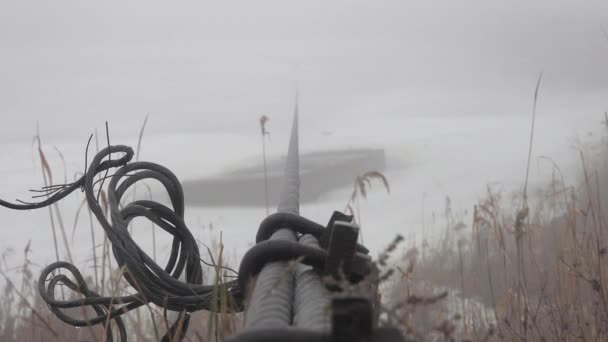 Тростник сухой и канат на зимней реке в тумане — стоковое видео