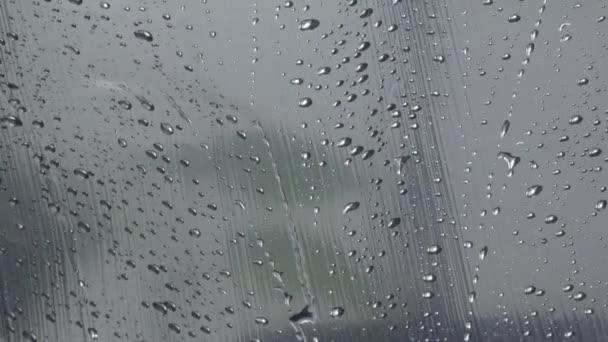 Gotas de agua de la lluvia en el flujo de vidrio hacia abajo macro — Vídeos de Stock