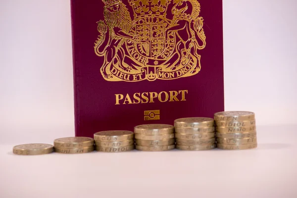 Pound Coins Stacked in front on UK Passport
