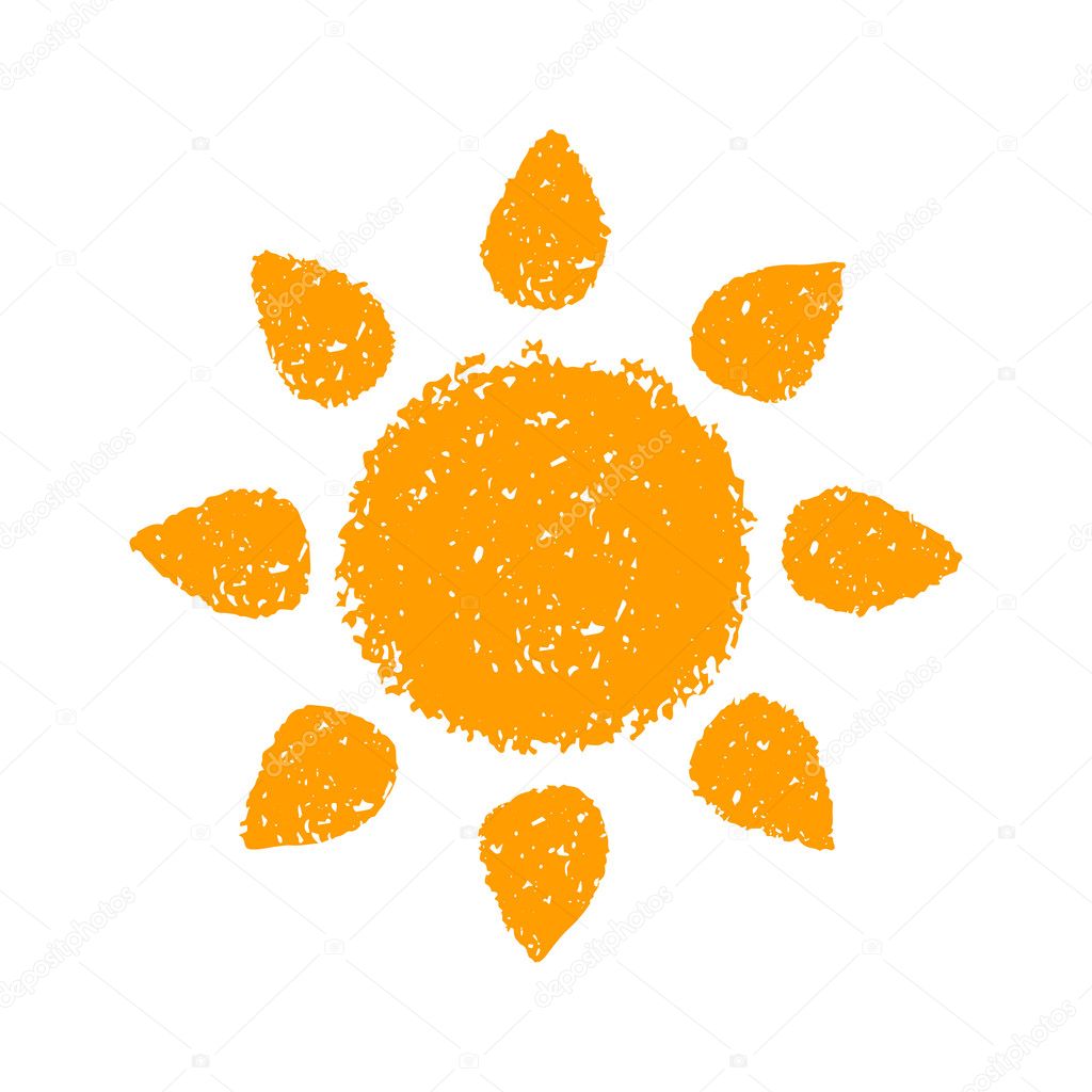 Hand Drawn Sun. Painted with oil pastel crayons. Decorative graphic element for children books, scrapbooking, birthday card, summer party poster, vacation destination flyer. Vector illustration.
