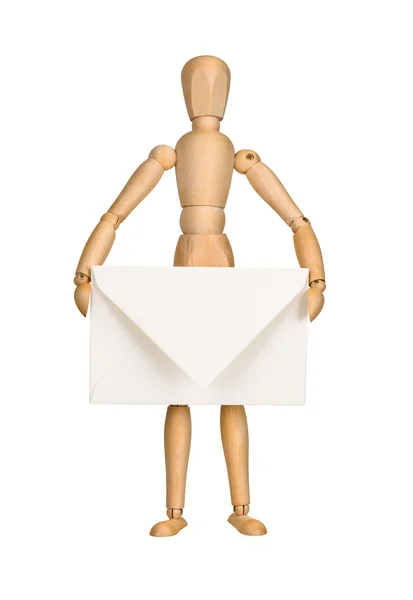 Wooden model dummy holding envelope — Stock Photo, Image