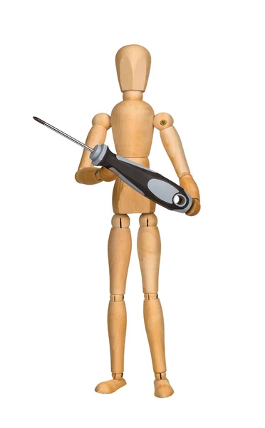 Wooden mannequin holding screwdriver — Stock Photo, Image