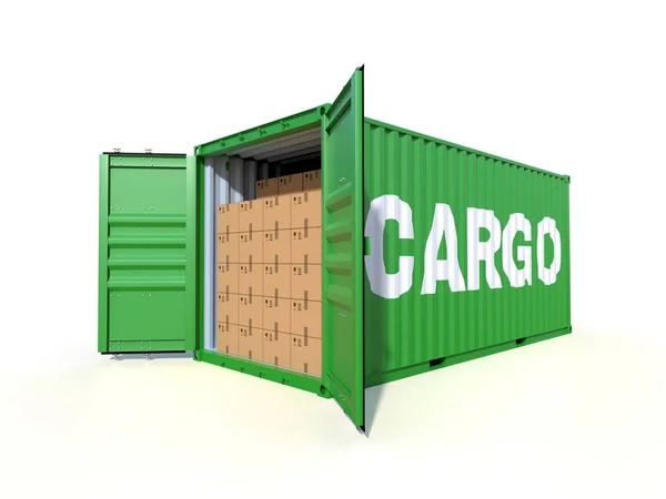 Scheepslading Container Zijaanzicht Open Deuren Vol Met Kartonnen Dozen Stapel — Stockfoto