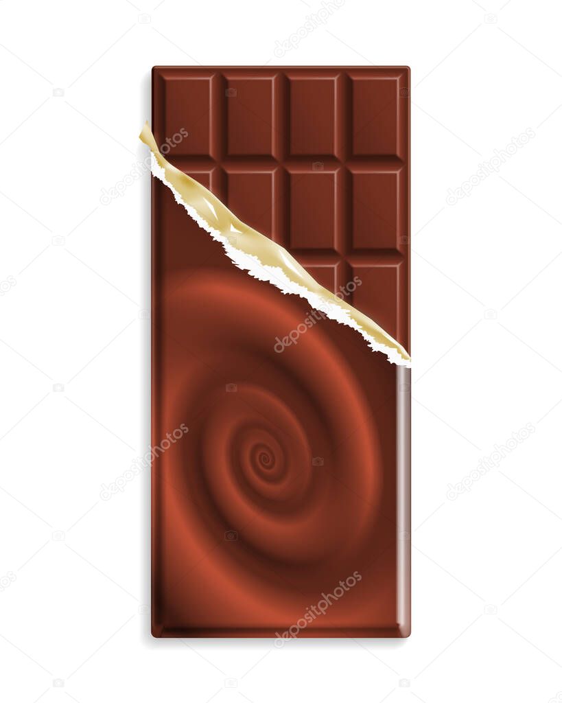 Milk chocolate bar in a wrapper with chocolate swirl, can be replaced with your design. Vector illustration
