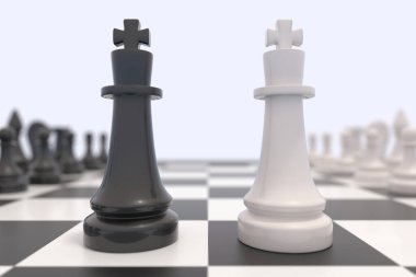 Satranç tahtasındaki iki taş. Siyah ve beyaz krallar karşı karşıya. Rekabet, tartışma, anlaşma ya da muhalefet ve yüzleşme kavramı. 3B illüstrasyon