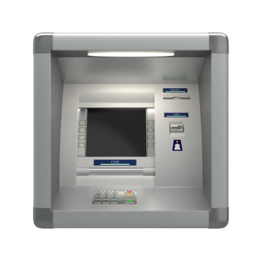 Kart okuyuculu bir ATM. Ekran, düğmeler, para makinesi, makbuz yazıcısı. Pin kodu, otomatik bankacılık, elektronik nakit çekimi, banka hesap erişim konsepti. 3B illüstrasyon