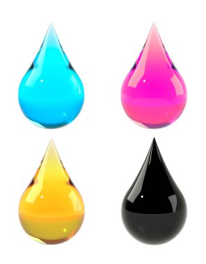 CMYK renk şeması ayarlandı. Cyan, morumsu, sarı, siyah damlalar beyaza sabitlenmiş. Poster, el ilanı, baskı kılavuzu, yazıcı mürekkebi paketleme için grafik tasarım ögesi. 3B illüstrasyon