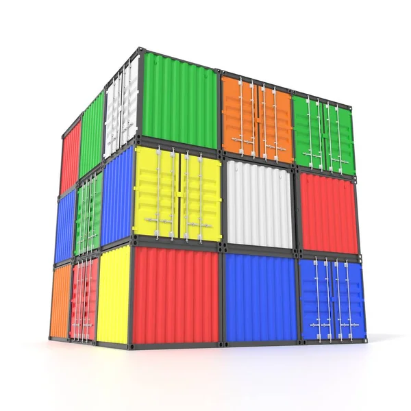 五颜六色的船舶货物集装箱以立方体的形式相互堆放在一起 海洋文物 港口仓库 运输航运概念 3D插图 — 图库照片