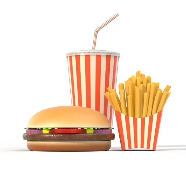 Fast Food Meal Set White Background Shadow Hamburger French Fries — Stock Photo, Image